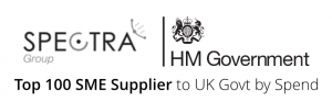 Spectra Group and HM Government joint logo with text: Top 100 SME Supplier to UK Government by Spend.