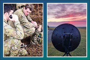 The image shows Spectra Group's SlingShot system in use during AEWE. The system is designed for Beyond-Line-Of-Sight (BLOS) communications, which means it can communicate over long distances where line-of-sight is not possible. The other image shows a Troposcatter COMET 1 metre antenna, used for long-range communication. Overall, the image represents the advanced communication solutions provided by Spectra Group, which enable reliable and secure communication in challenging environments.