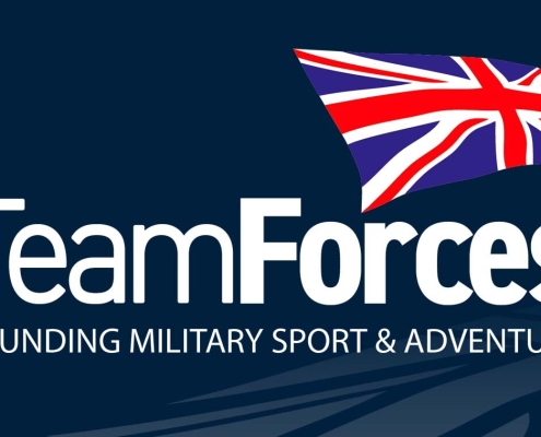 Team Forces logo featuring the text 'Team Forces' in bold white letters against a dark blue background, with a stylized Union Jack flag waving above the text. Below the main text, the slogan 'FUNDING MILITARY SPORT & ADVENTURE' is displayed in smaller white letters.