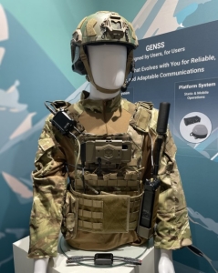 A mannequin dressed in military gear showcasing the GENSS Soldier System, featuring advanced tactical communication devices and antennas, displayed against an informational backdrop.
