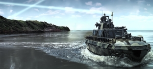A tactical patrol boat equipped with advanced communication gear navigates along a coastal inlet. Blue beams in the sky represent troposcatter signal paths. The image highlights maritime mobility and communications on the move.