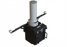 CAD-style rendering of the TOTM terminal show the compact, ruggedised troposcatter system with vertically mounted advanced auto-tracking antenna. Designed for fast deployment hi-bandwidth data networks in mobile environments.