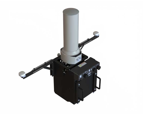 CAD-style rendering of the TOTM terminal show the compact, ruggedised troposcatter system with vertically mounted advanced auto-tracking antenna. Designed for fast deployment hi-bandwidth data networks in mobile environments.