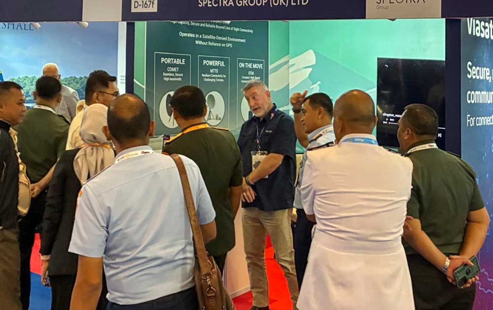 Spectra Group team briefing attendees at Indo Defence 2025 on Troposcatter on the Move (TOTM) high-bandwidth communications technology for ship-to-shore and ship-to-ship connectivity