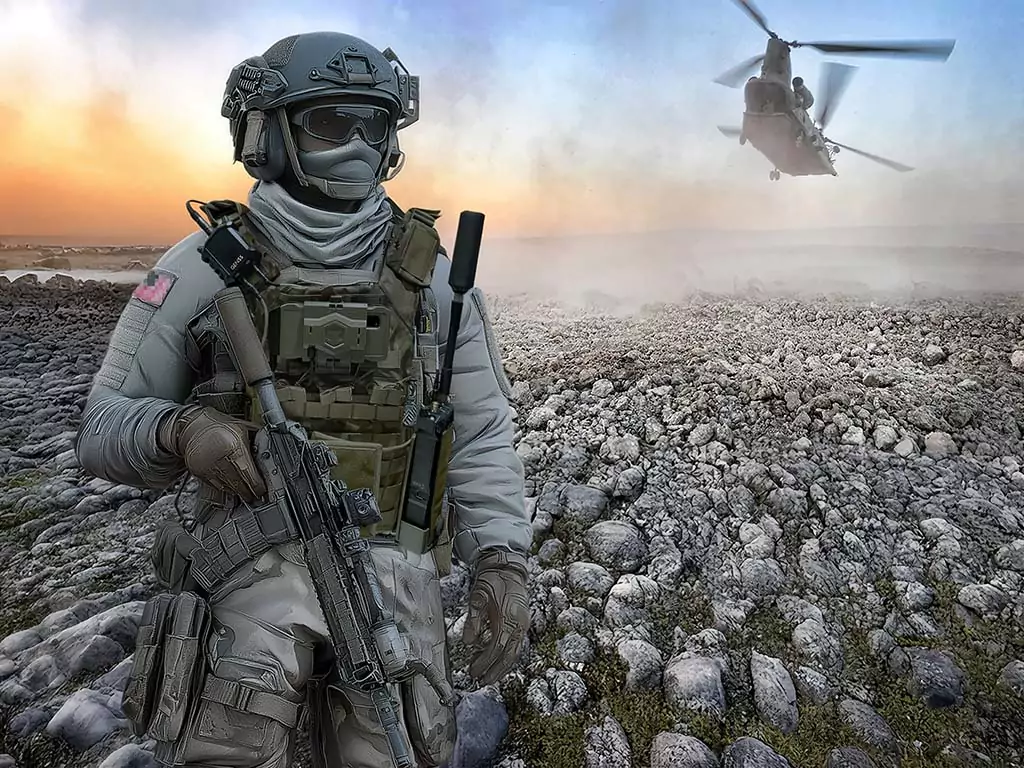 GENSS-Soldier- Iceland A soldier equipped with the GENSS tactical communications system moves across open terrain, with a helicopter hovering in the background. The image highlights GENSS’s operational deployment in dynamic, on-the-move environments.