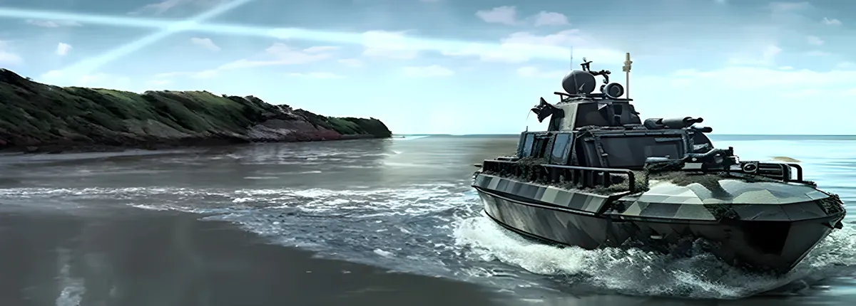 A tactical patrol boat equipped with advanced communication gear navigates along a coastal inlet. Blue beams in the sky represent troposcatter signal paths. The image highlights maritime mobility and communications on the move.