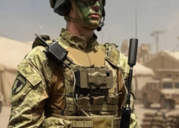 A camouflage-clad soldier stands in a desert forward operating base, equipped with the GENSS Soldier radio mounted centrally on his body armour, with a shoulder-worn control unit and a vertical tactical antenna attached to his vest. Military vehicles and tents are visible in the background.