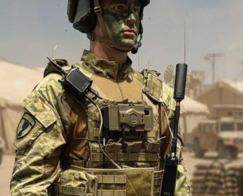A camouflage-clad soldier stands in a desert forward operating base, equipped with the GENSS Soldier radio mounted centrally on his body armour, with a shoulder-worn control unit and a vertical tactical antenna attached to his vest. Military vehicles and tents are visible in the background.