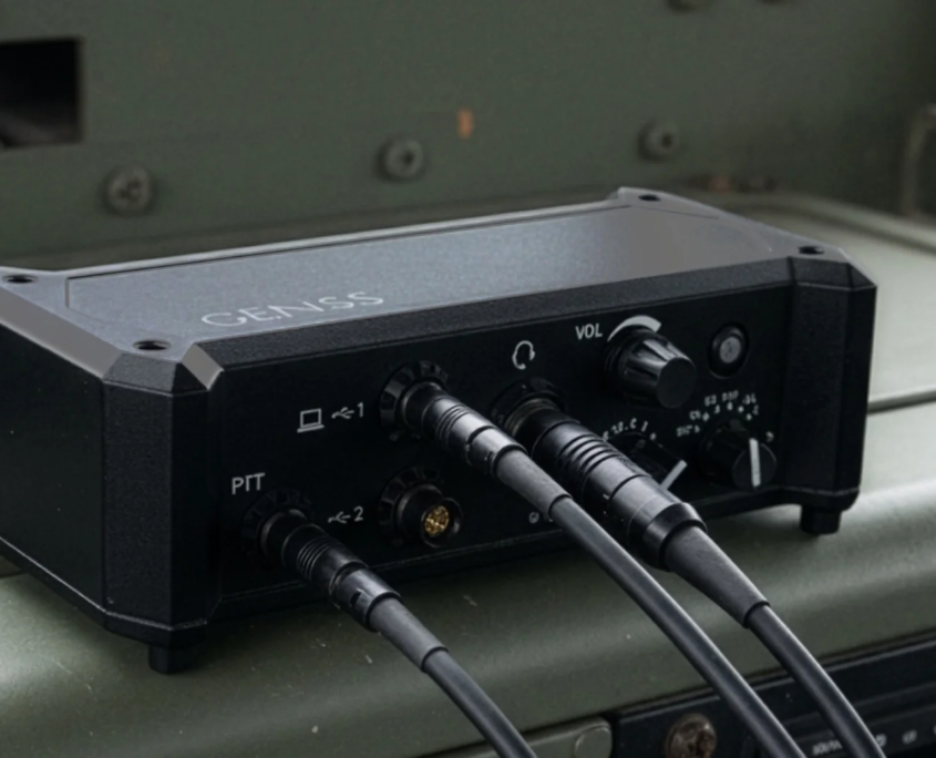 A rugged GENSS platform radio control unit mounted on the dashboard of a military vehicle, showing multiple connected cables, control dials and a durable enclosure designed for field operations.
