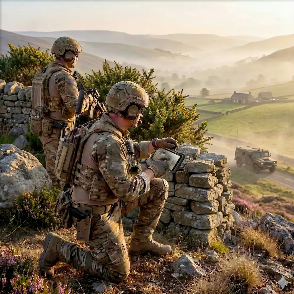 Soldiers operating GENSS tactical communications equipment in a rural environment with a military vehicle in the background