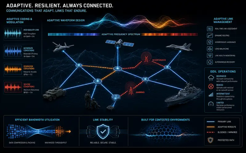 Adaptive Communications Technology Illustration of adaptive beyond-line-of-sight communications showing resilient voice and data connectivity, efficient bandwidth utilisation and stable links in contested environments.