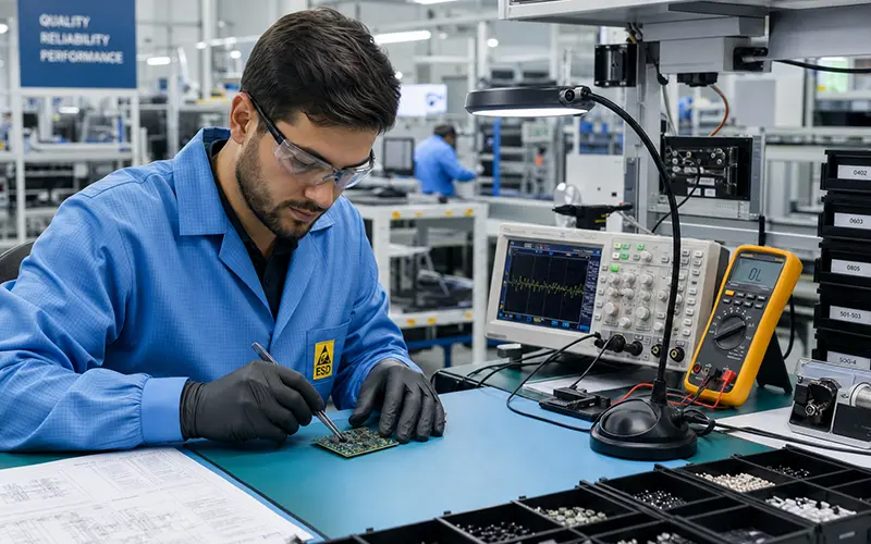 Electronics Technician Small PCB Electronics engineer assembling and testing a circuit board in a modern manufacturing facility, demonstrating precision engineering and quality assurance.
