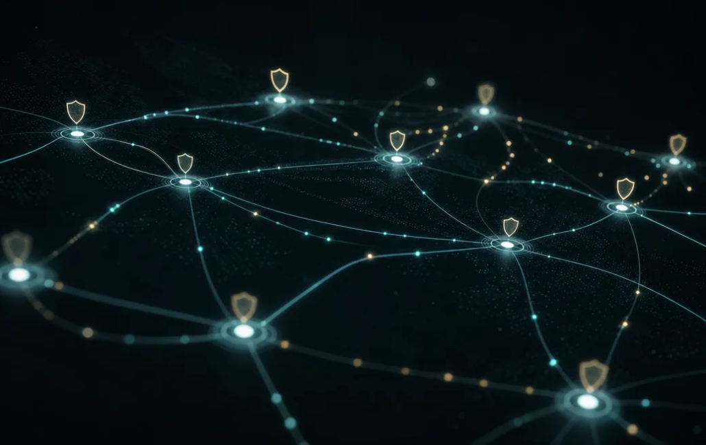 secure_distributed_network Resilient distributed communications network illustrating assured connectivity across dispersed operational nodes.