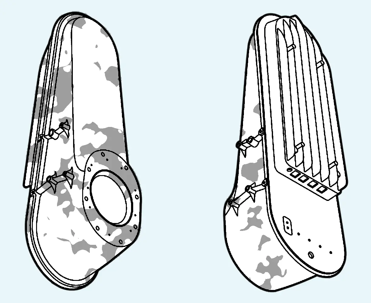 Front and rear views of the camouflage-finished EOS wireless optical communications terminal.