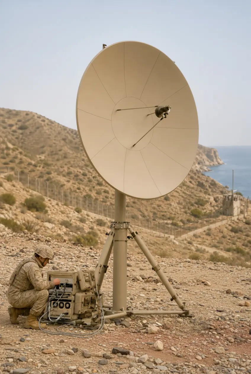 Military operator using a Comtech MTTS Troposcatter system in rocky coastal terrain.