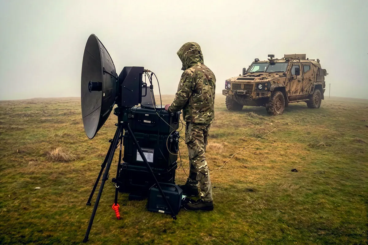 Military operator using a deployed Spectra COMET troposcatter communications system, with a military vehicle in the background.
